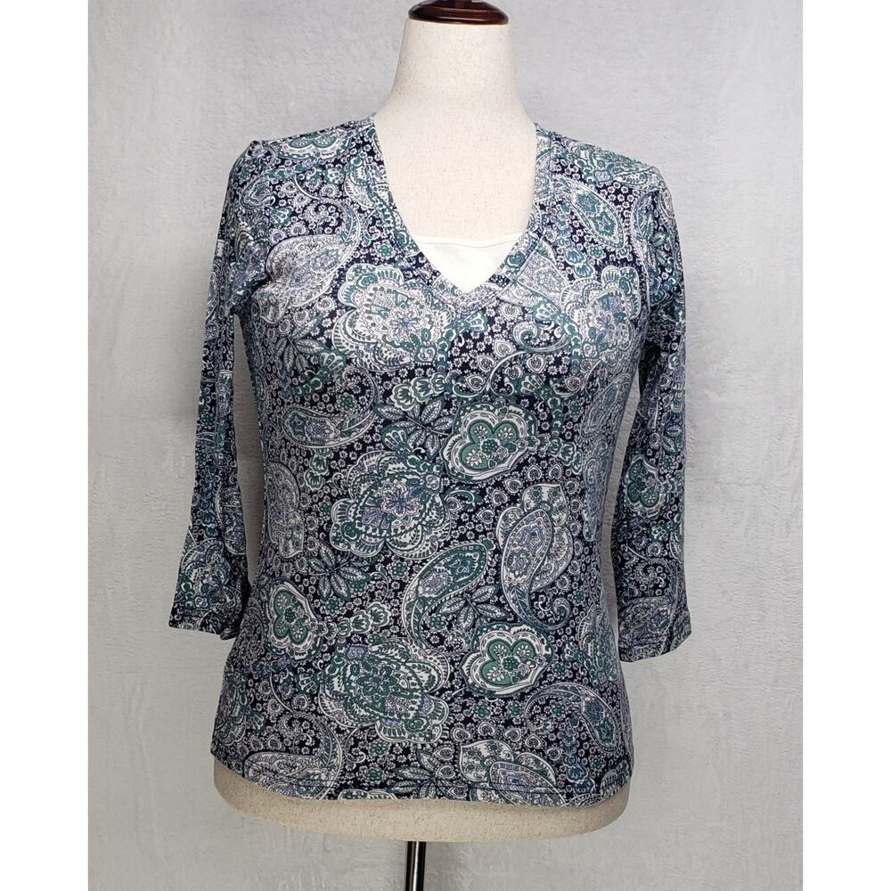 Basic Editions Blue Floral Paisley Top S - Y2K Mallcore Officecore Retro